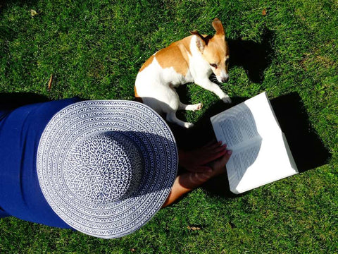 Dog in the sun next to a woman reading in a large hat both lying on the green grass