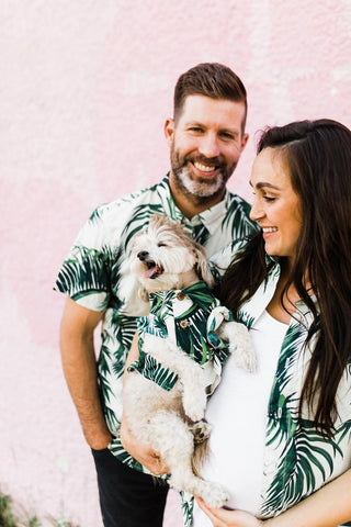 Dog threads founder Gina and husband Scott with their pup Thomas all in matching tropical white and green shirts in front of a pink wall.