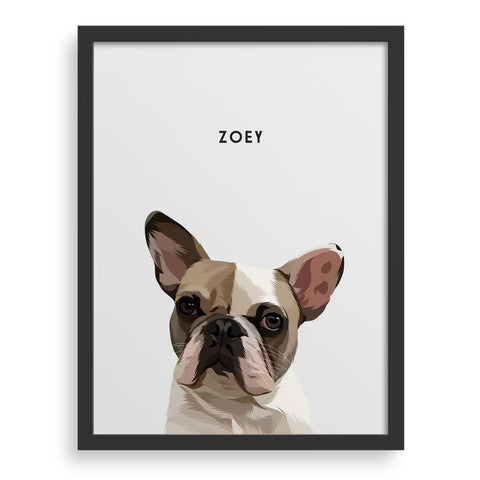 framed portrait of a french bulldog with her name "Zoey" above