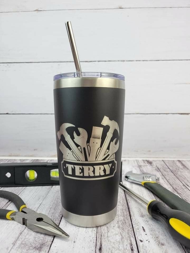 Laser Engraved Tumbler with Tools Graphic and Name - Man Gift - 20oz Hot Tumbler with Silver Stainless Straw