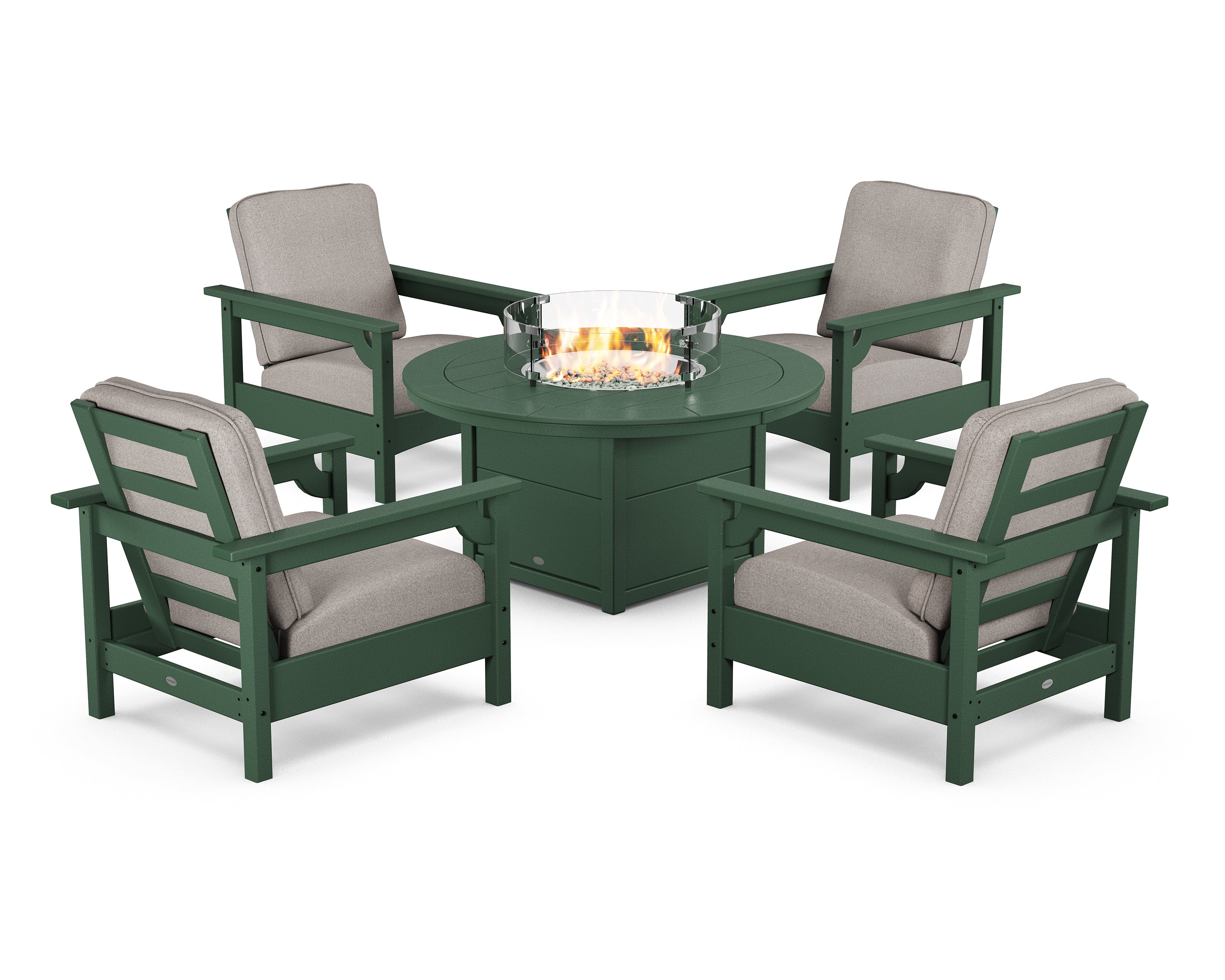 POLYWOOD Club 5-Piece Conversation Set with Fire Pit Table in Green / Weathered Tweed