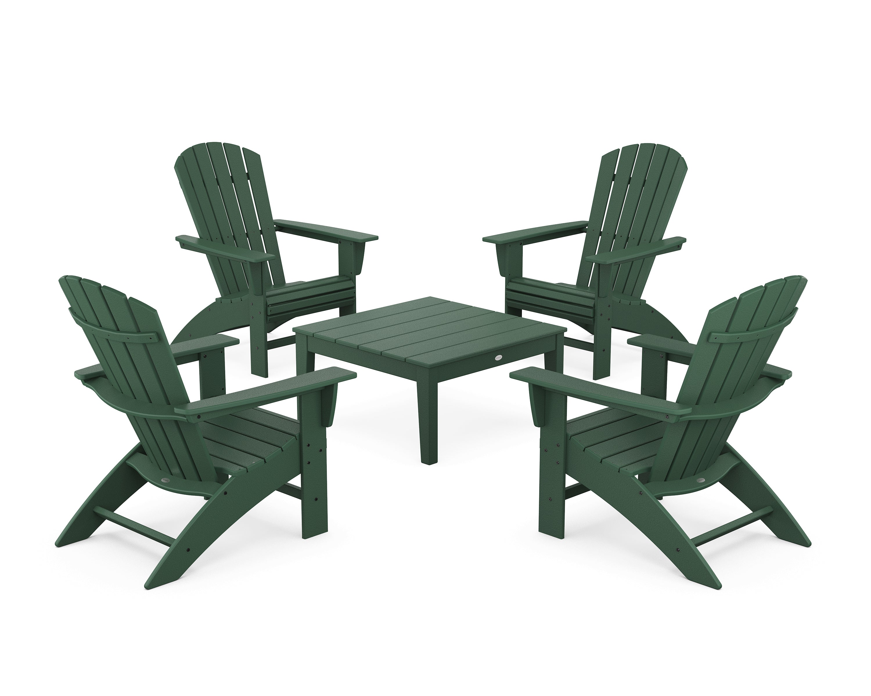 POLYWOOD 5-Piece Nautical Curveback Adirondack Chair Conversation Set with 36" Conversation Table in Green