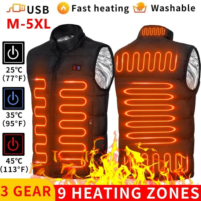 New 9 Places Heated Vest Men Women Usb Heated Jacket Heating Thermal Clothing Hunting Winter Fashion Heat Jacket Black 5XL 6XL
