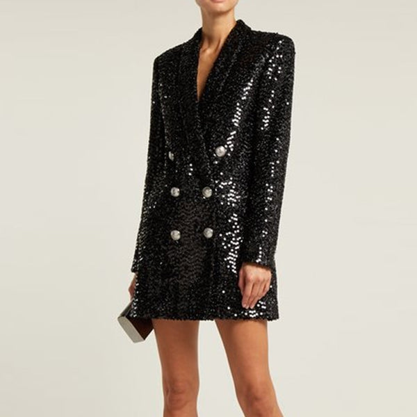 Բարձրորակ նորաձևություն 2021 Դիզայներական բլեյզեր կանացի կրկնակի առյուծ կոճակներ Շալ օձիքով փայլփլուն երկար վազքուղու սև բլեյզերներ