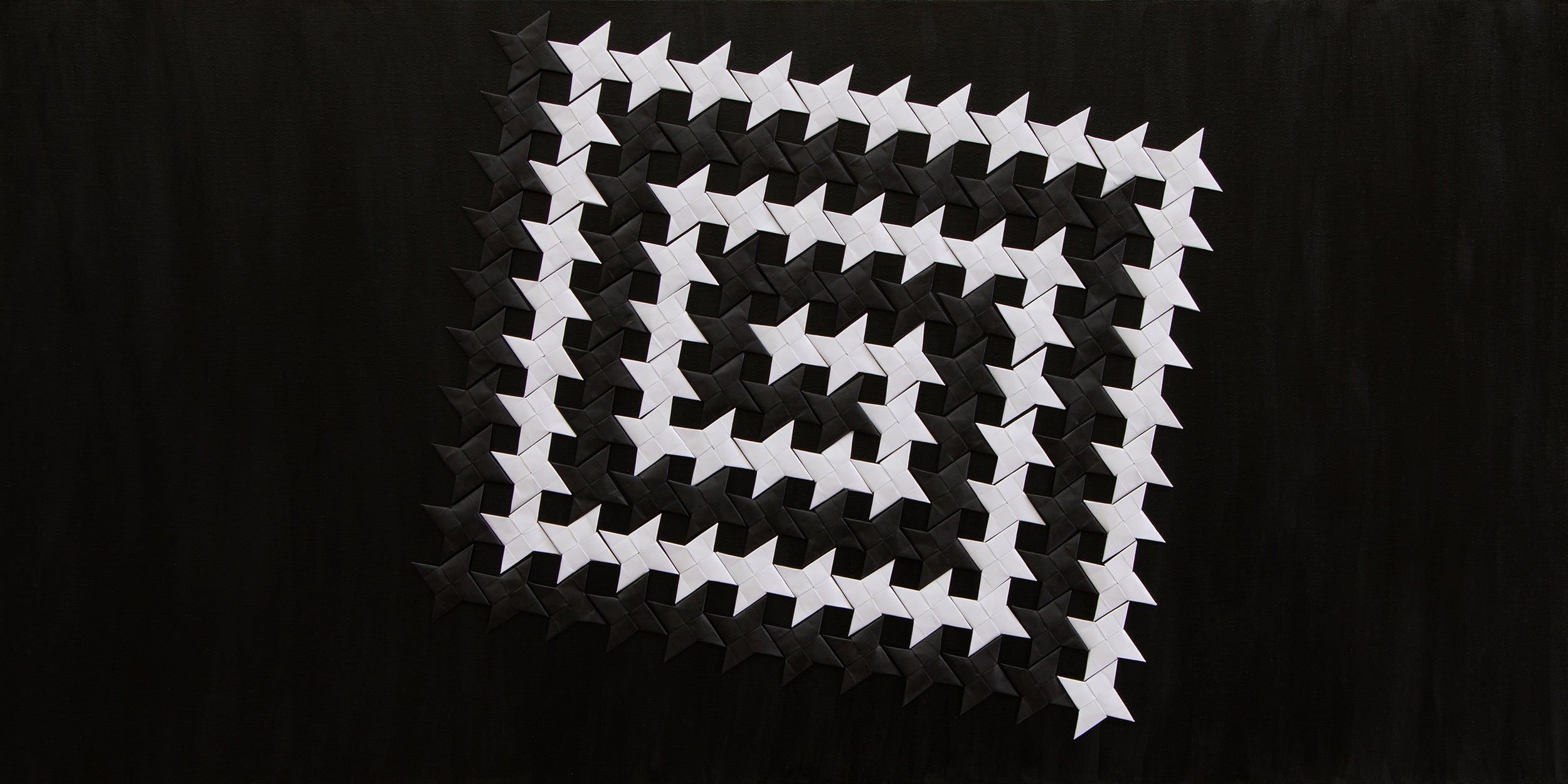 "Vertigo, or Fast Portal", original artwork by unamarz. Black and white origami ninja stars, folded paper and acrylic paint on canvas