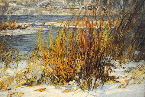 Detail from By the River. Note how black paint has been used to create the shades and form of the dead grass, and the shadows on the snow are gray.
