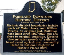 Historical marker on the main street of Farmland.