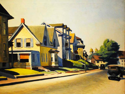 The Edward Hopper painting, Sun on Prospect Street, 1934, is an excellent example of his use of warm lights / cool shadows. Cincinnati Art Museum.