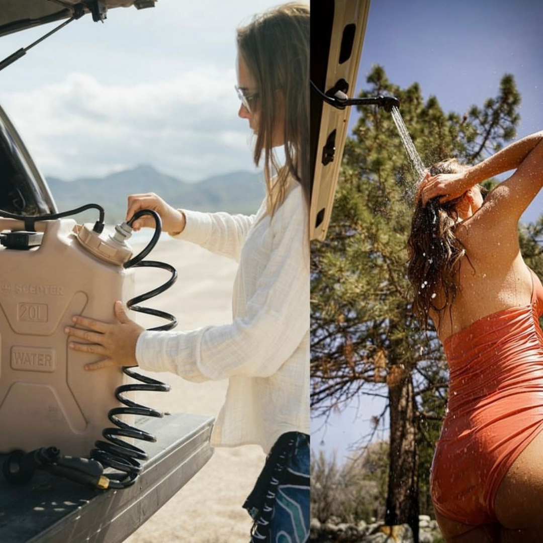 Trailwash portable shower system women taking a shower outside