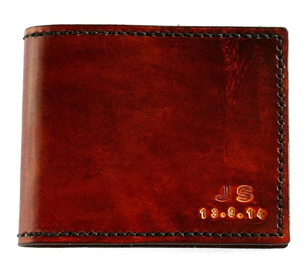 Brown Anniversary date and initials handmade mens wallet by Sparrowhawk Leather NZ 