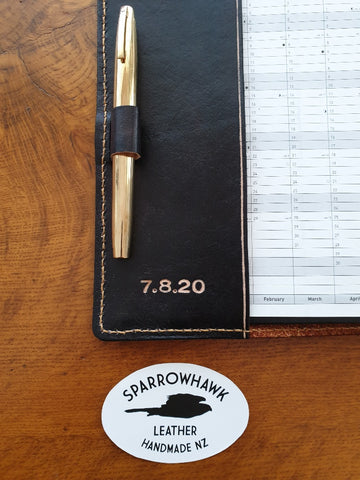 Sparrowhawk Leather handmade in NZ leather bookcover wiht penholder and date