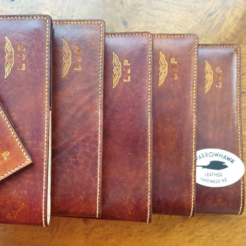 Sparrowhawk Leather Pilot Logbook cover collection cut from the same hide, hand rubbed dyeing