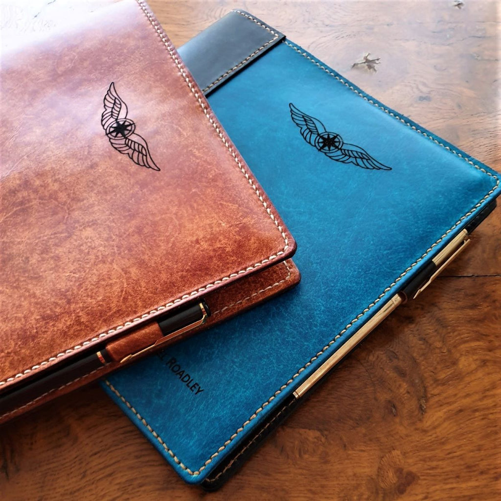 Sparrowhawk Leather hand dyed laser engraved NZCAA Pilot Logbook covers