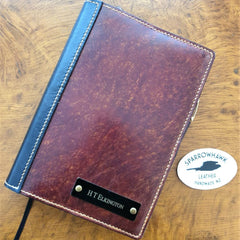 Black and Brown handmade journal cover with engraved nameplate by Sparrowhawk Leather NZ