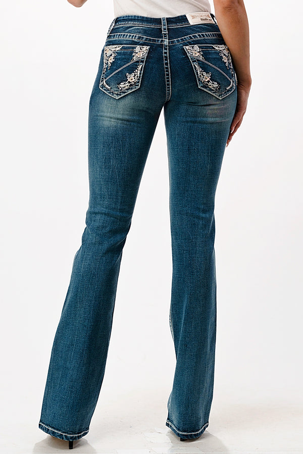 Abstract Stitched Line Mid Rise Bootcut Jeans | EB-51678 – Grace in LA