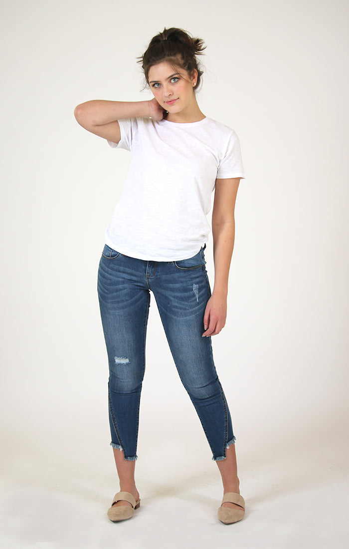 Women's Uneven Hem Frayed Skinny Jeans – Grace in LA