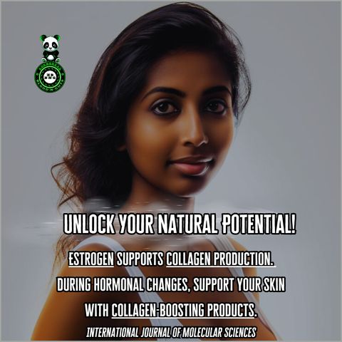 Estrogen supports collagen production. During hormonal changes, support your skin with collagen-boosting products.  (International Journal of Molecular Sciences)