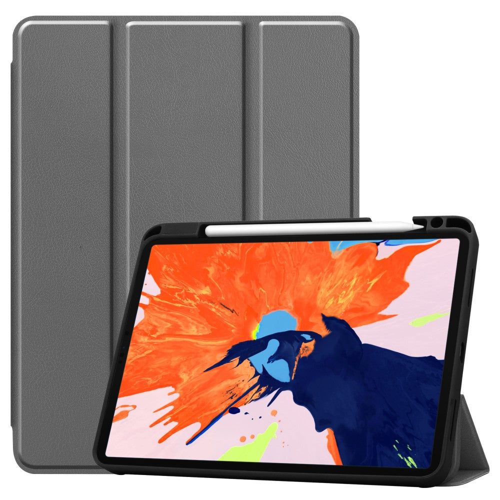 iPad Pro 12.9" (2020) / Tri-Fold Læder Cover m. Apple Pencil Holder Grå | iPad 12.9 (2020-2018) | TABLETCOVERS.DK