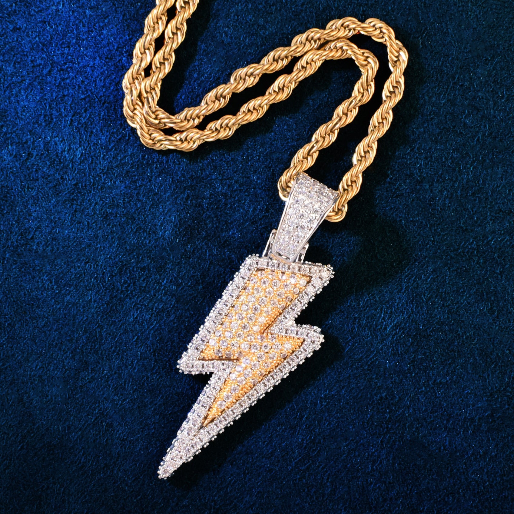 Iced Out Lightning Pendant Necklace With Colorful Cuban Link Chain