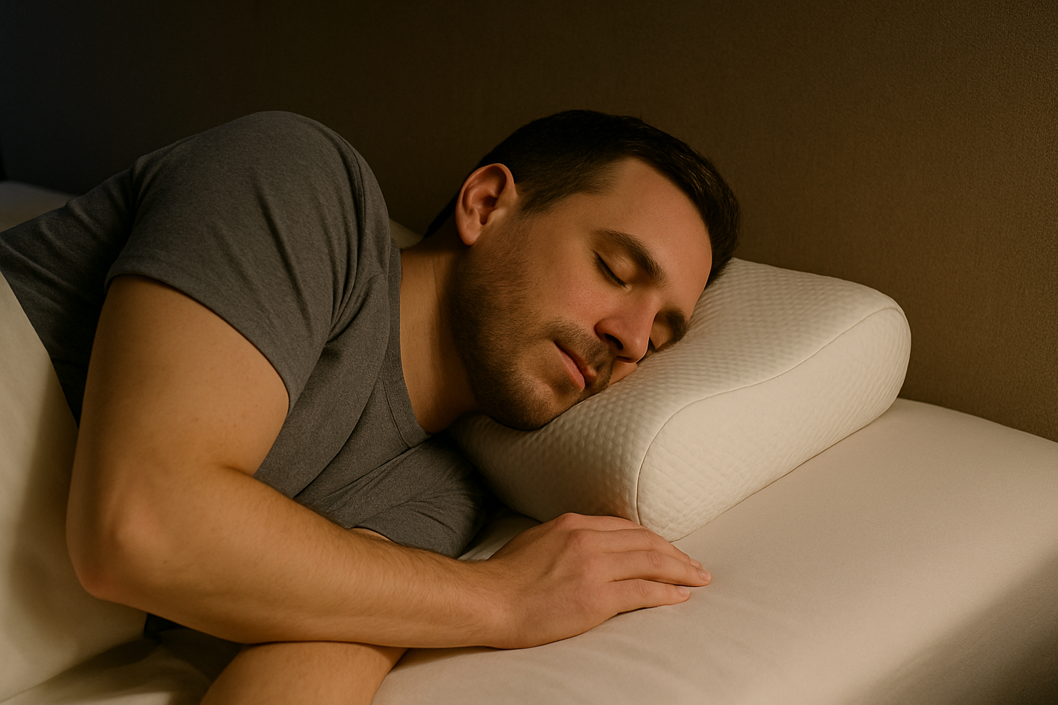 Man sleeping on his side with head resting on a memory foam pillow for neck support, cozy atmosphere with warm lighting.