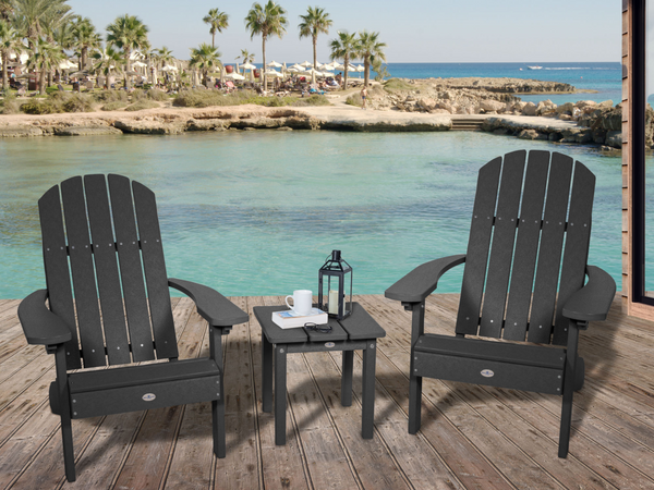 Set of Two Cape Classic Adirondack Chairs and Small Side Table in Black Sand