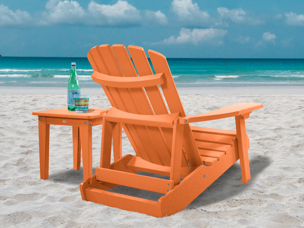 Cape Folding and Reclining Adirondack Chair and Small Side Table in Citrus Orange
