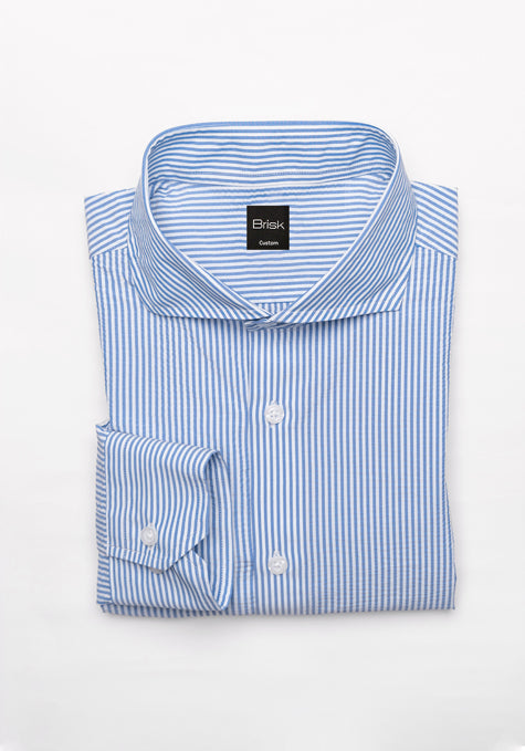 Image of Blue Narrow Seersucker Performance Stretch Stripes Shirt - Wrinkle Free