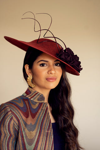 red burgundy occasion wear hat, mother of the bride, wedding guest, hats for the races gloucestershire