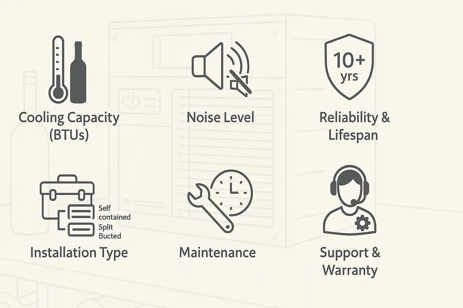 Infographic with icons highlighting six key wine cooling unit features, including capacity, noise, reliability, install type, maintenance, and support.