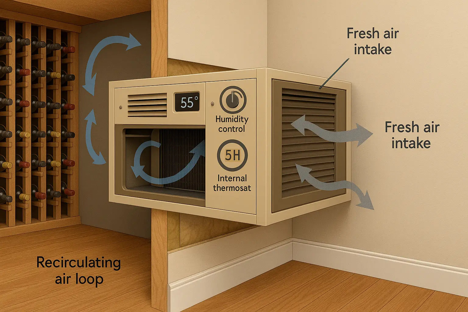 Cutaway illustration of a through-the-wall wine cooling unit showing interior air recirculation, fresh air intake from an adjacent room, and built-in thermostat maintaining cellar temperature