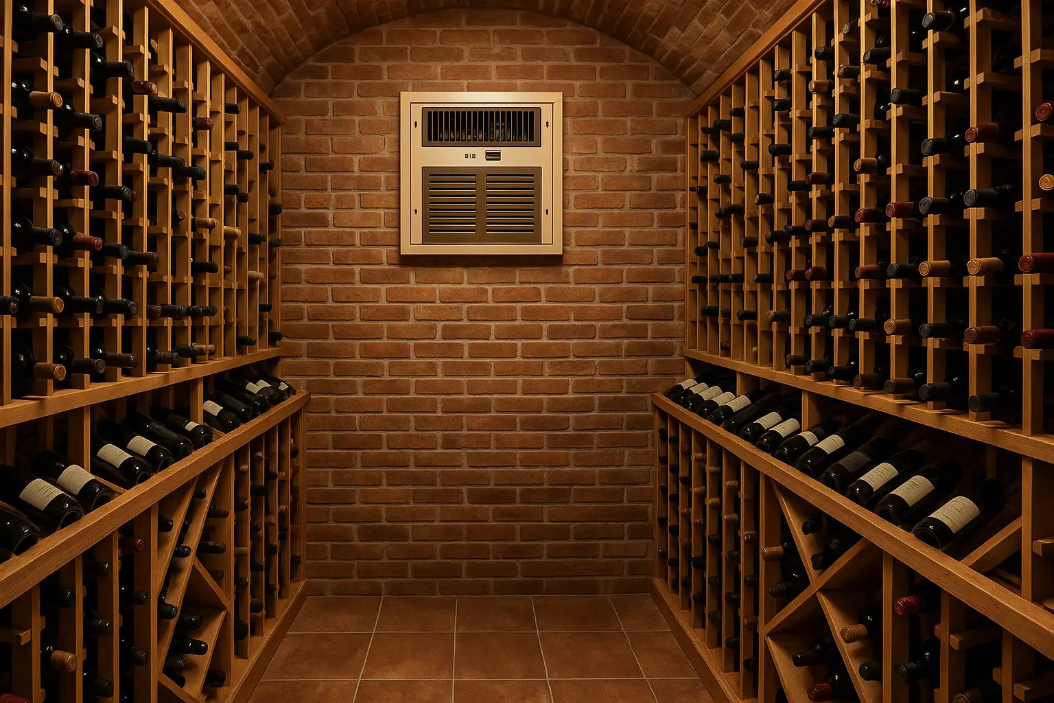 A wine cellar with brick walls and wooden racks filled with bottles, featuring a Breezaire through-the-wall wine cooling unit installed for climate regulation.