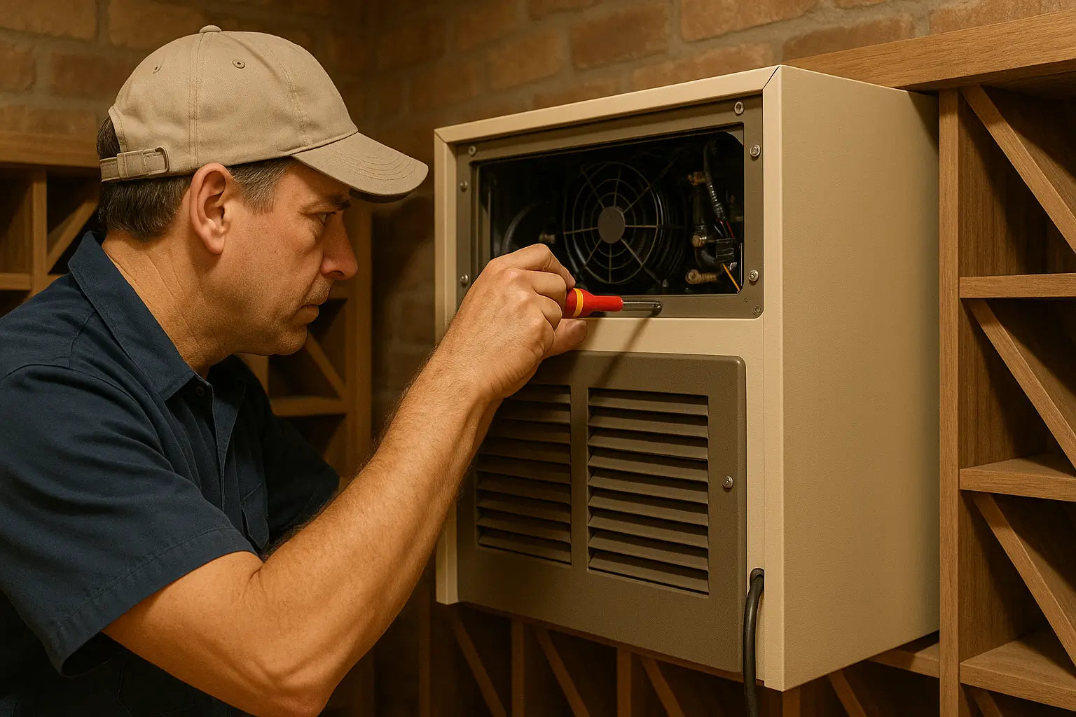 Photorealistic checklist showing wine cooling unit maintenance tasks like cleaning condenser coils, checking humidity, clearing drain lines, and fixing noise from loose mounts