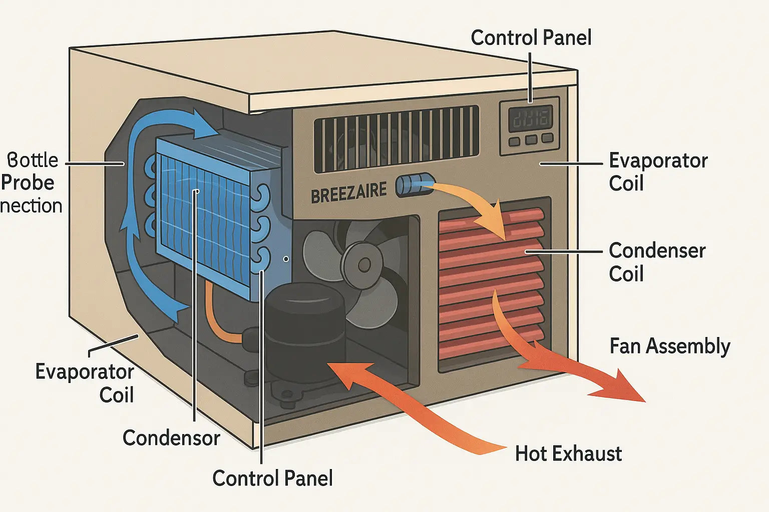 Breezaire wine cooling unit cutaway view with airflow arrows