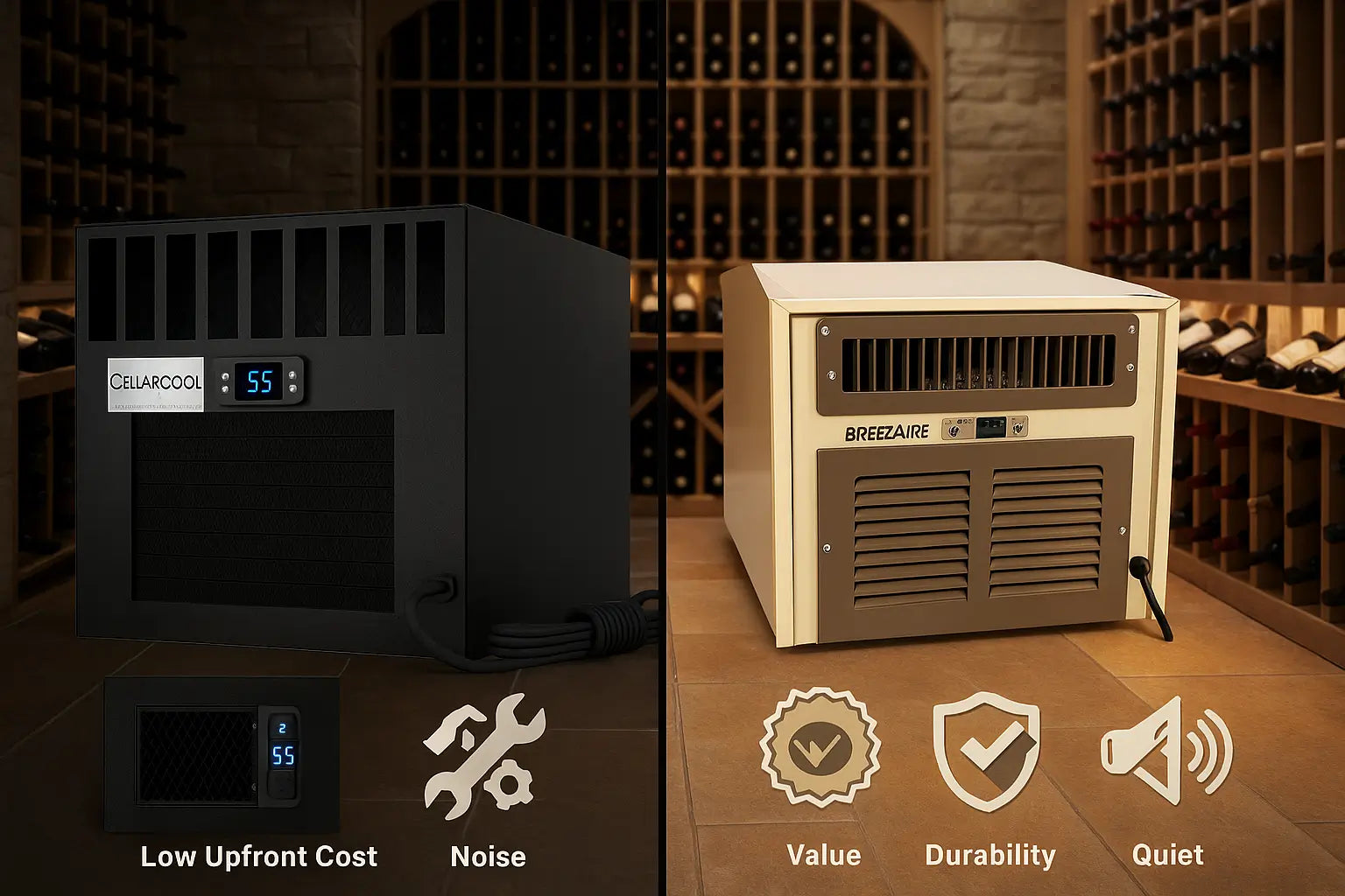 Comparison between Breezaire and CellarCool wine cooling units, highlighting Breezaire's long-term value, quiet operation, and durable engineering versus CellarCool’s lower part quality, higher noise, and shorter service life.