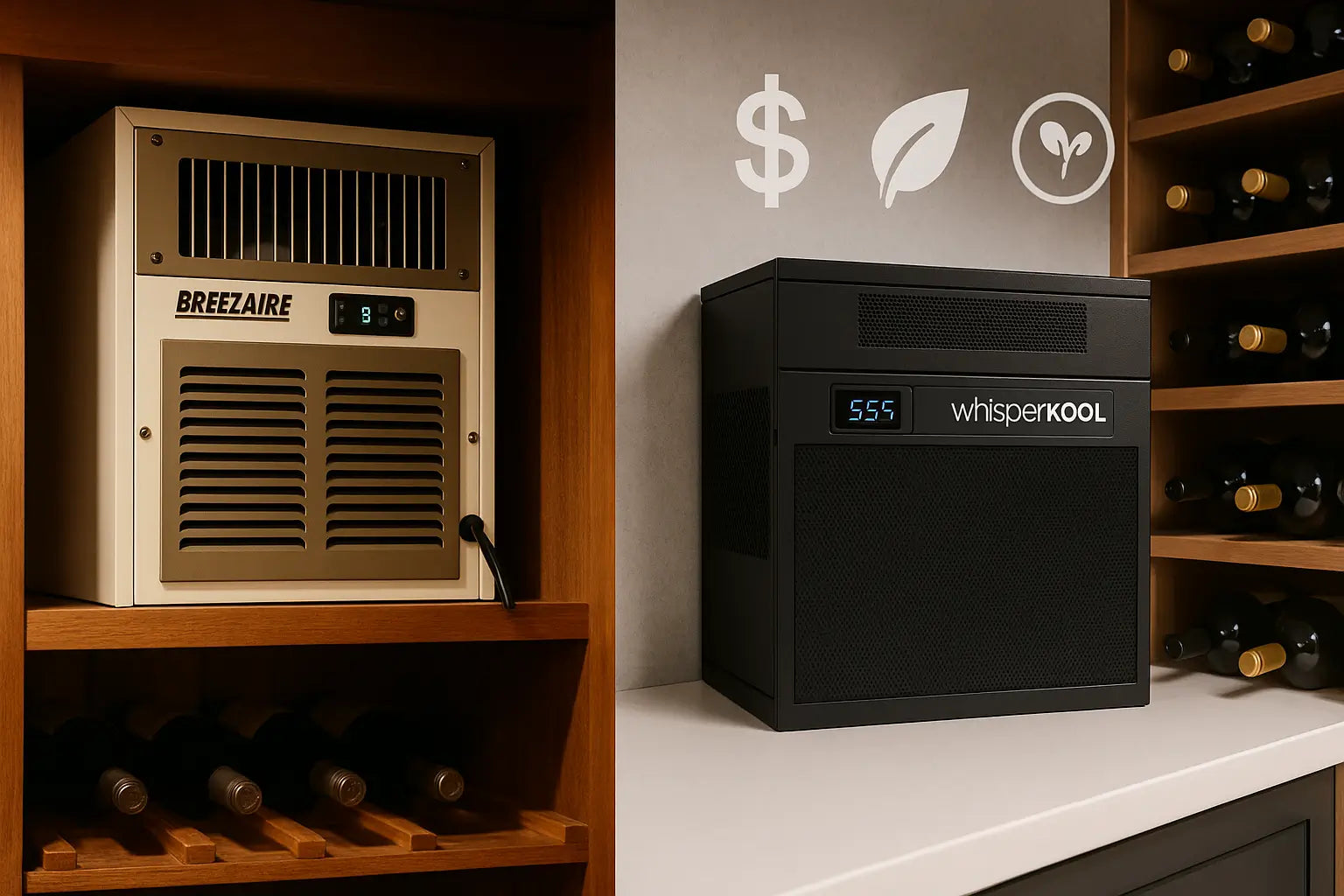 Visual comparison of Breezaire WKL 2200 and WhisperKOOL SC Pro 2000 showing maintenance simplicity vs energy efficiency benefits