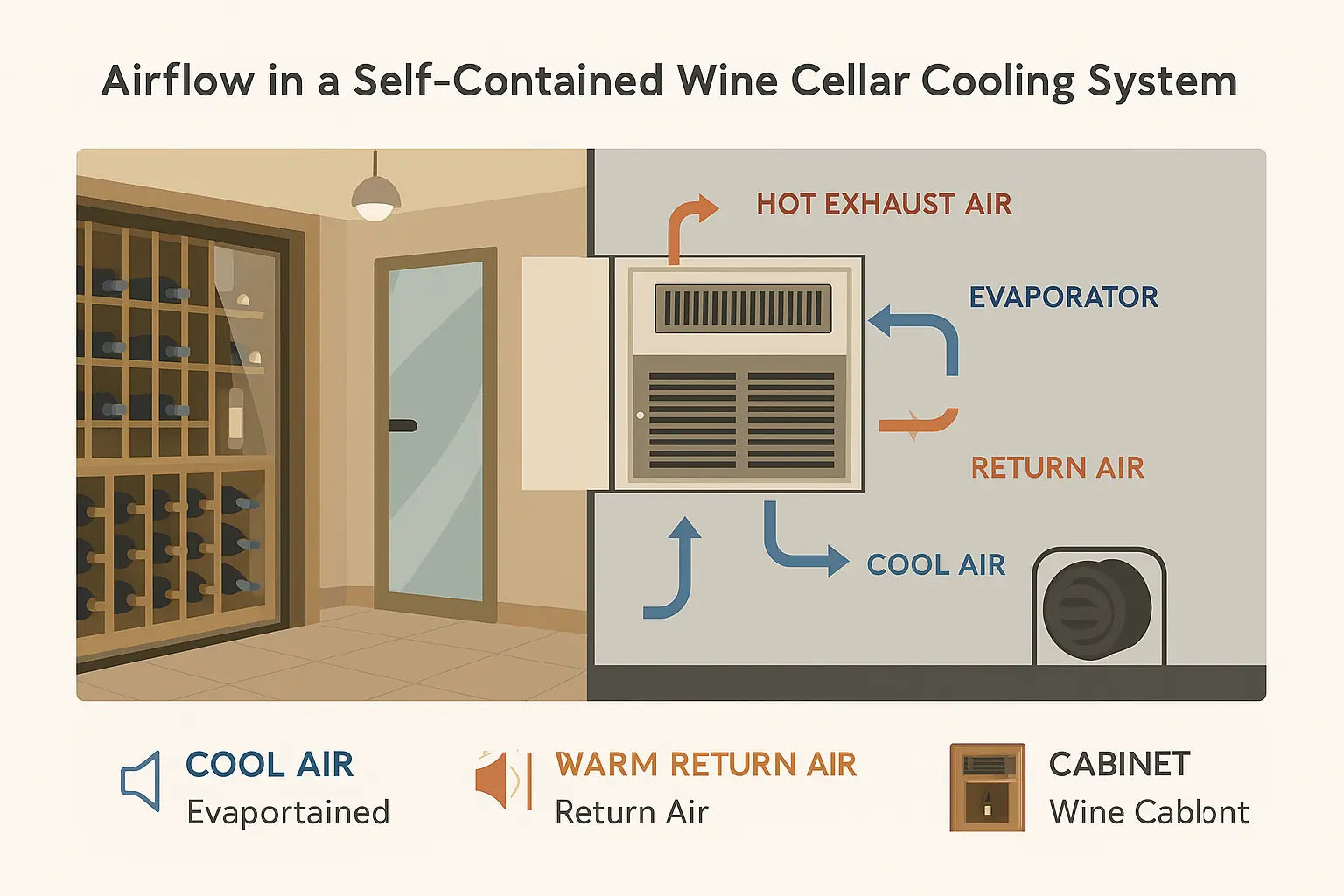 Diagram of airflow direction for a self-contained wine cellar cooling unit