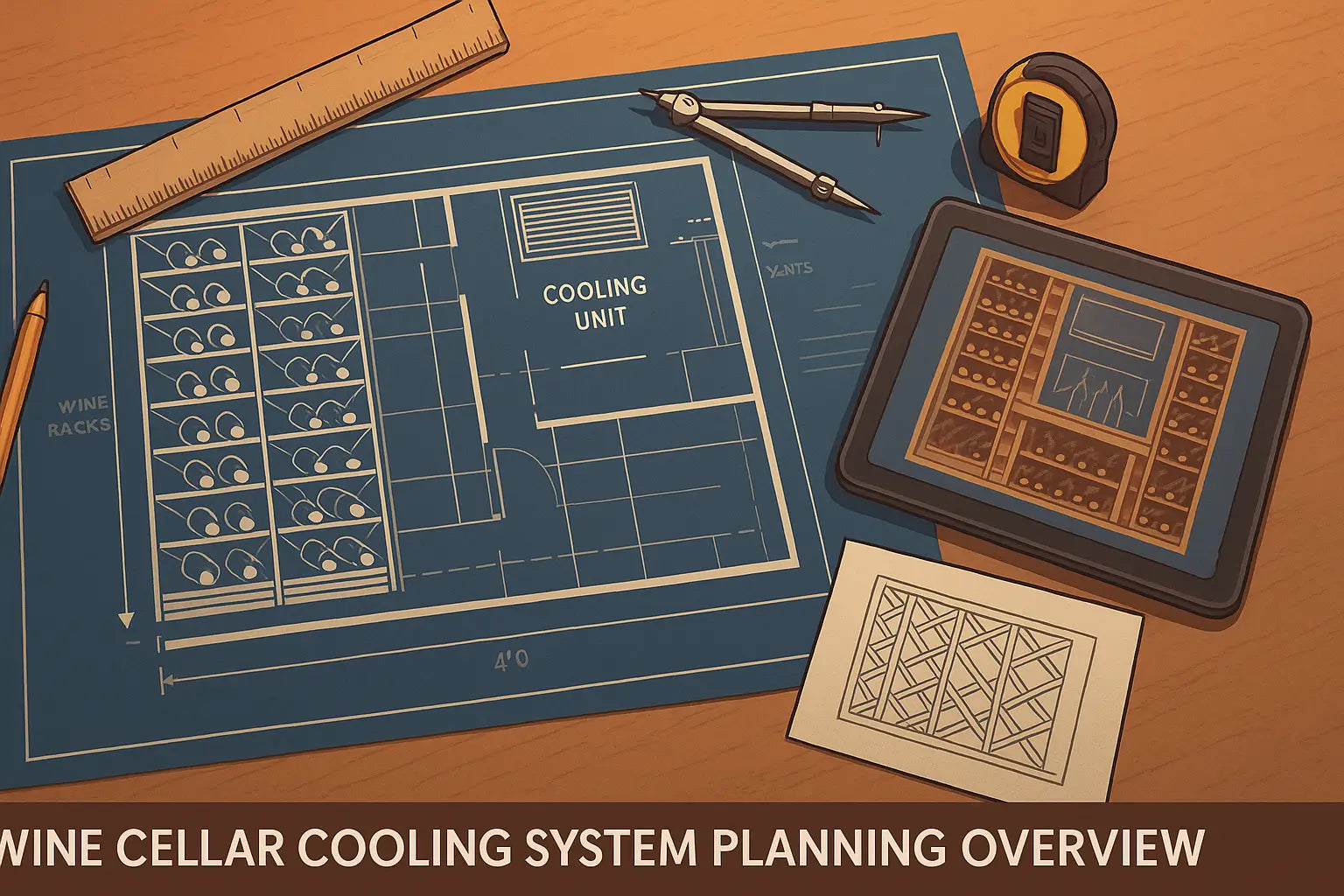 Wine cellar cooling system planning overview with architectural layout