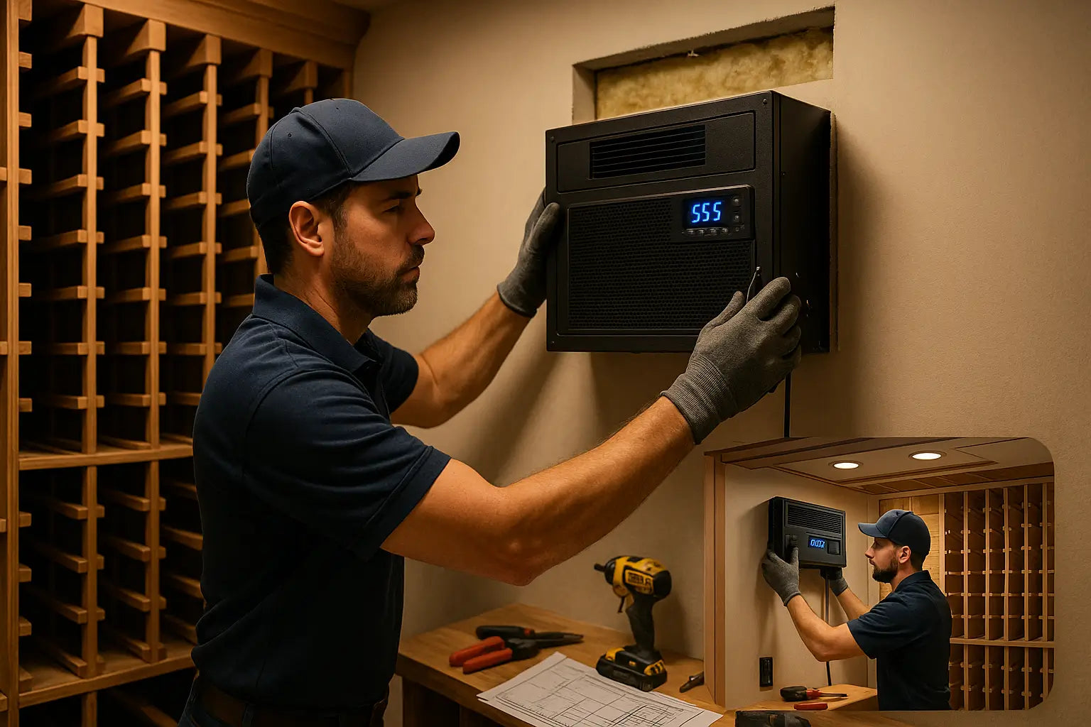 Wine cooling technician installing a cellar cooling unit