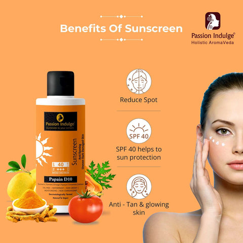 Papain D10 Natural Sunscreen 100ml | Anti-Tanning | Uneven Dark Damaged skin | SPF 40 | Oil free | Water Proof | Moisturizing | Dermatologically Tested | Ayurvedic & Vegan for All Skin Types