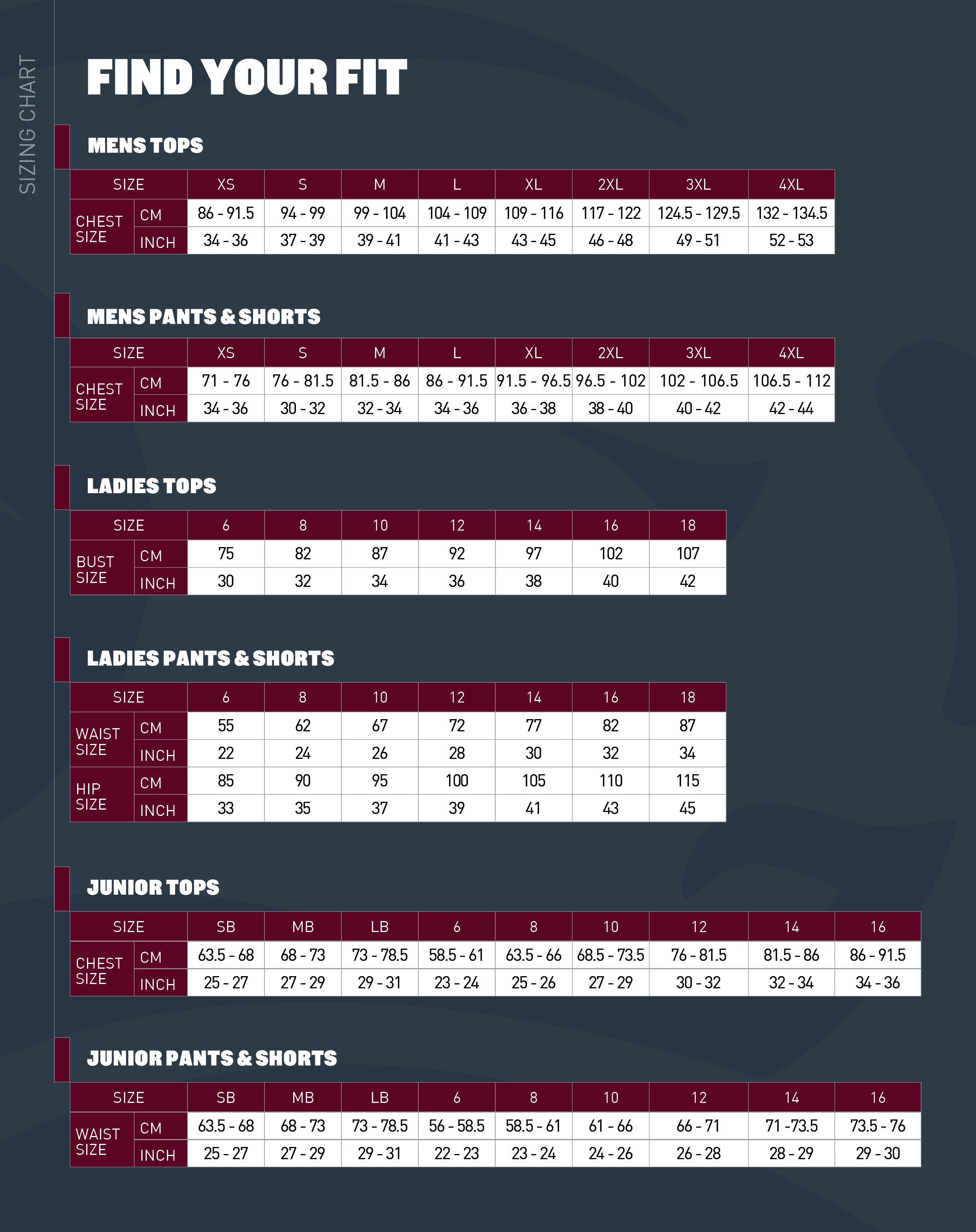 2023 Queensland Reds Official Apparel Size Chart