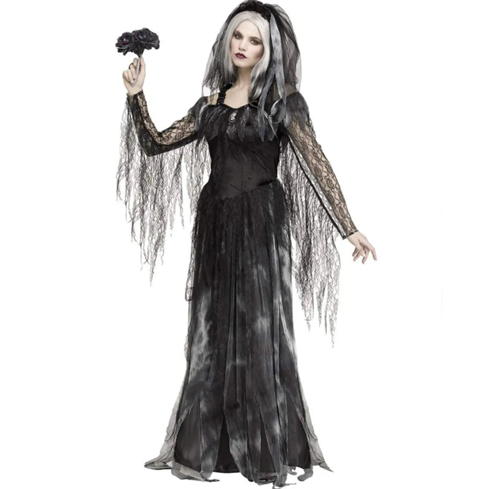 Spooky Gothic Witch Zombie Bride Halloween Costume Dress