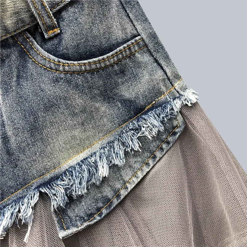 Gothic Medieval Denim Mesh Patchwork Asymmetric Skirt for Parties - Image 5