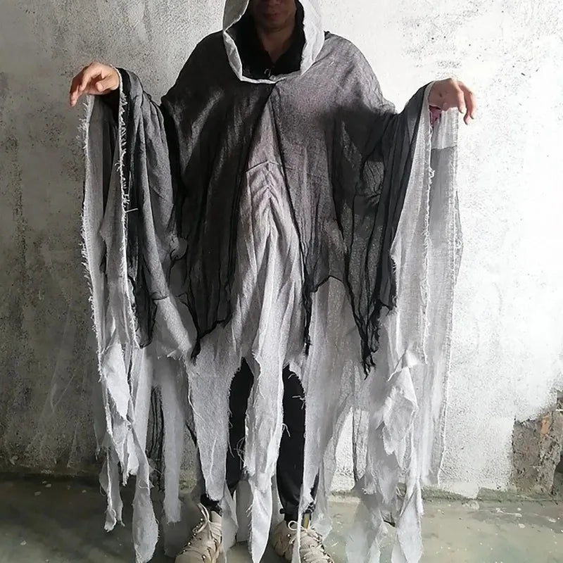 Unisex Halloween Ghost Costume with Hooded Tattered Cape