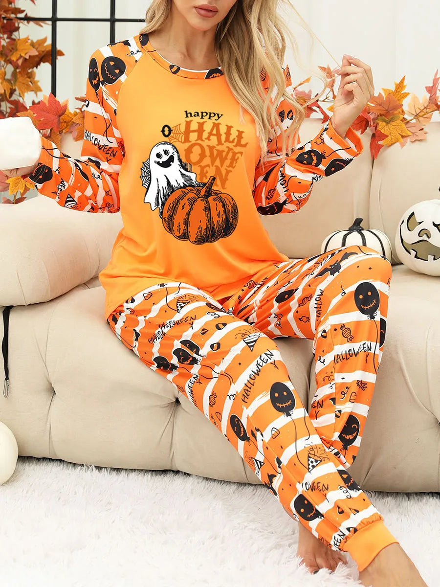 Ghost & Pumpkin Print Women's Halloween Pajama Set - Image 4