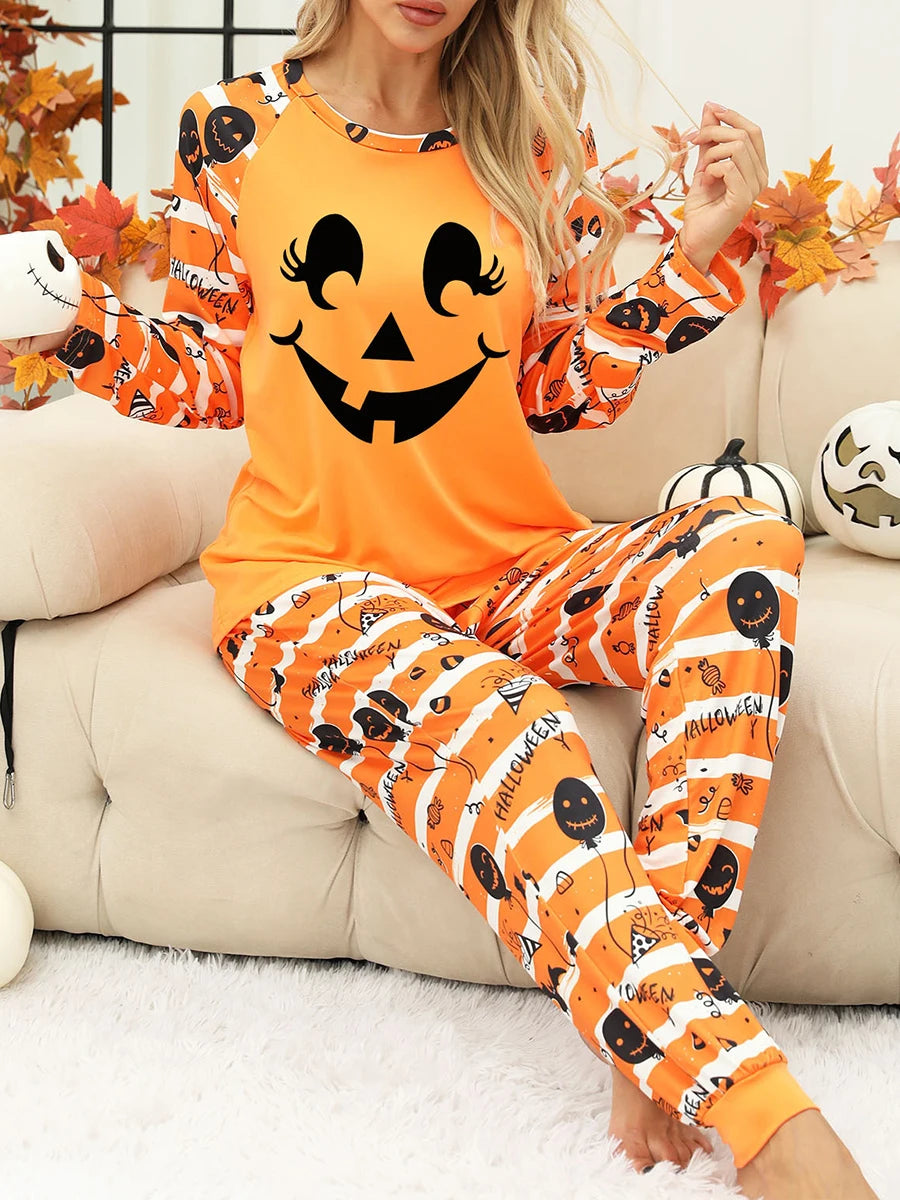 Ghost & Pumpkin Print Women's Halloween Pajama Set - Image 27