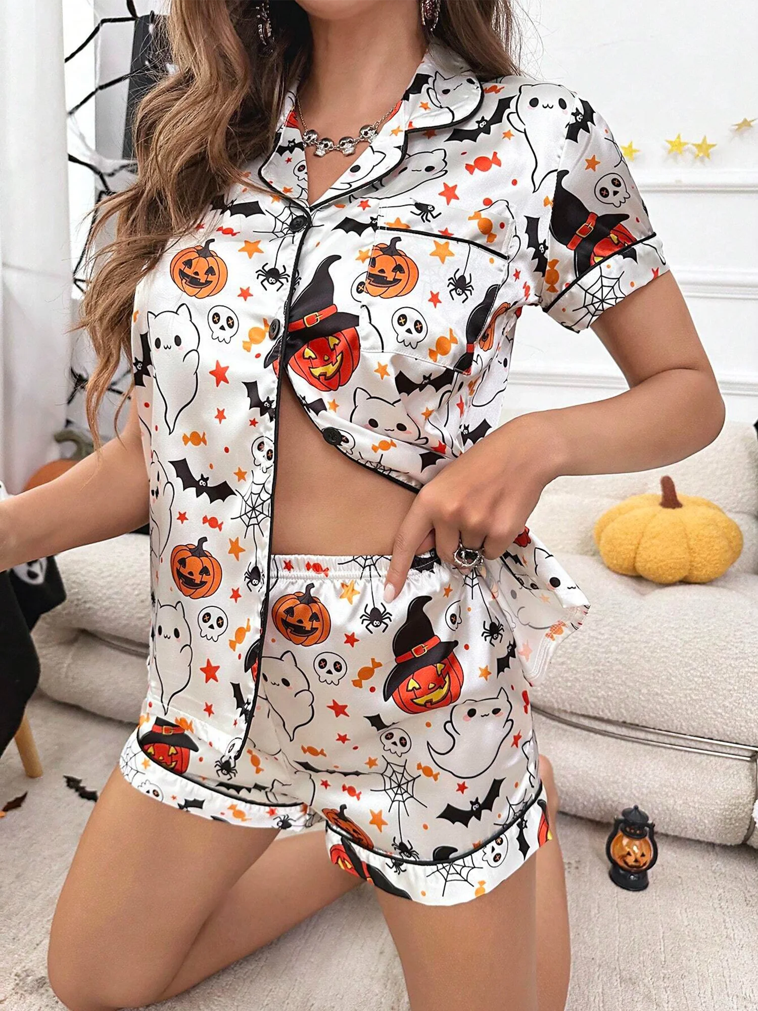 Ghost and Pumpkin Print Women's Halloween Pajama Set - Image 19