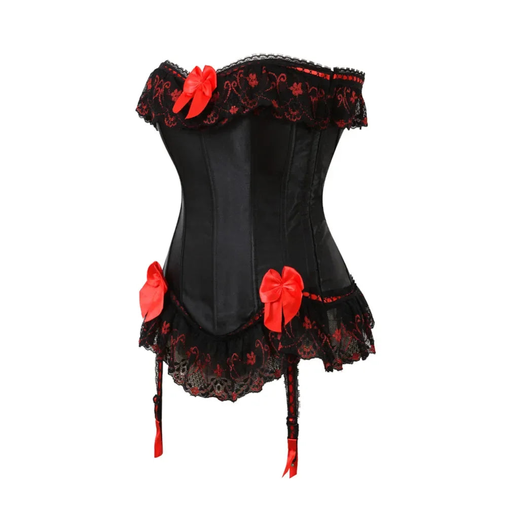 Plus Size Lace Corset Top with Bowknot and Garters - Image 11