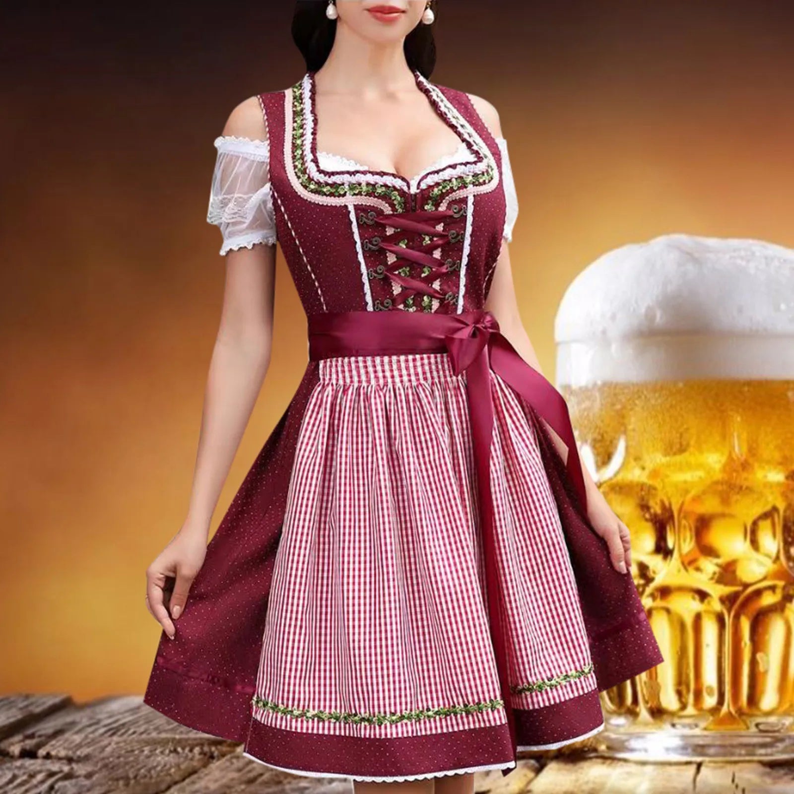 Traditional Red Plaid Dirndl Dress for Oktoberfest and Cosplay