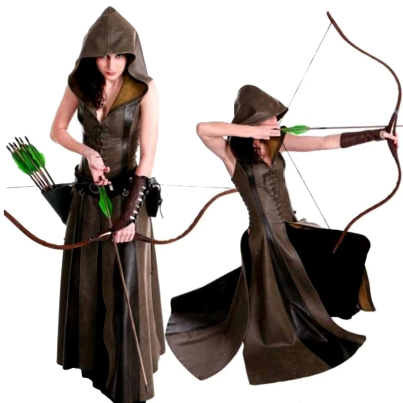 Medieval Lace-Up Leather Hooded Dress for Women