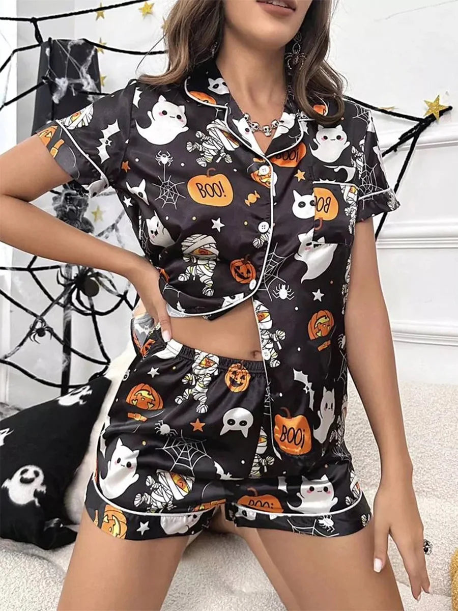 Halloween Ghost Pumpkin Graphic Short Pajama Set for Women